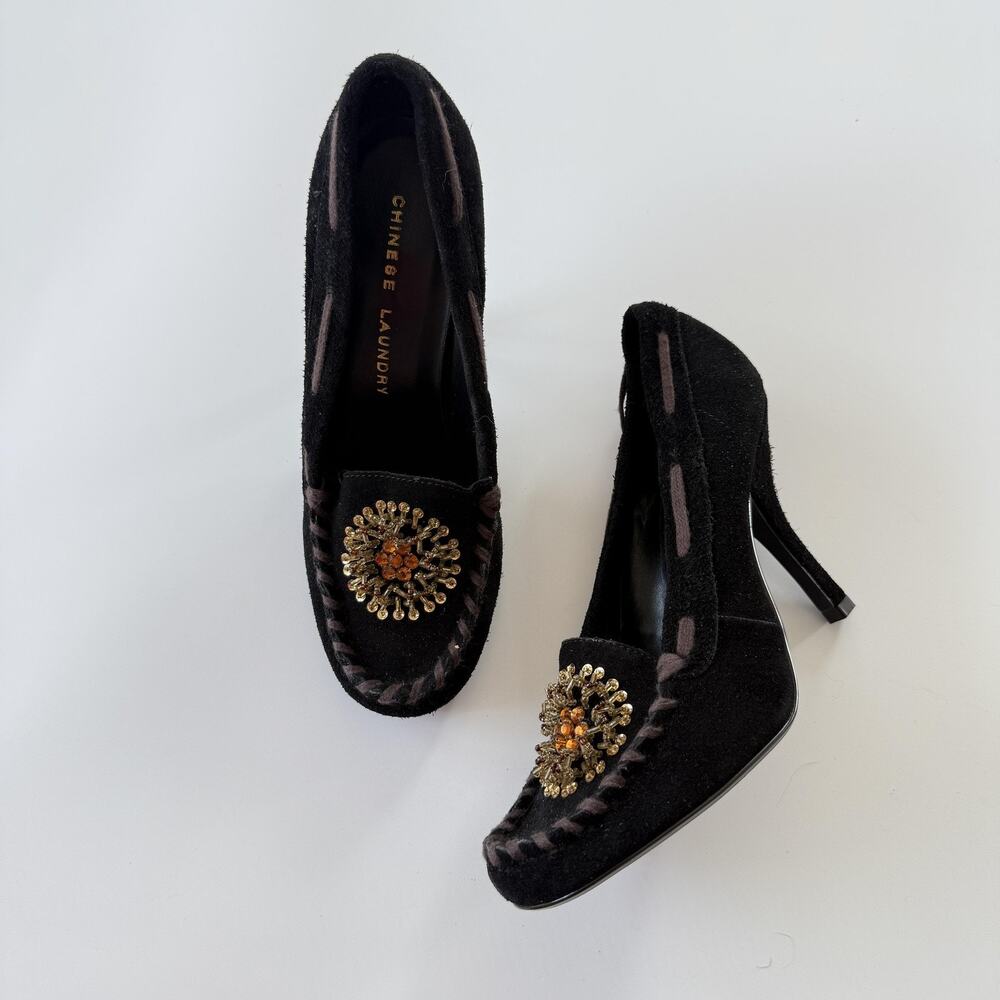 Chinese Laundry Heel Shoes Womens Size 7.5 Black Suede Rhinestone Loafer Pump